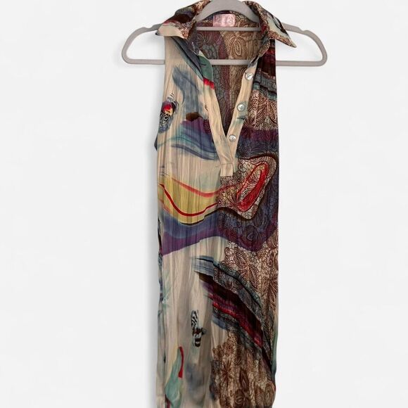 Vintage 2000s unique Sheer Boho Print Dress – Funky Retro Swirl Graphics M - Picture 2 of 8